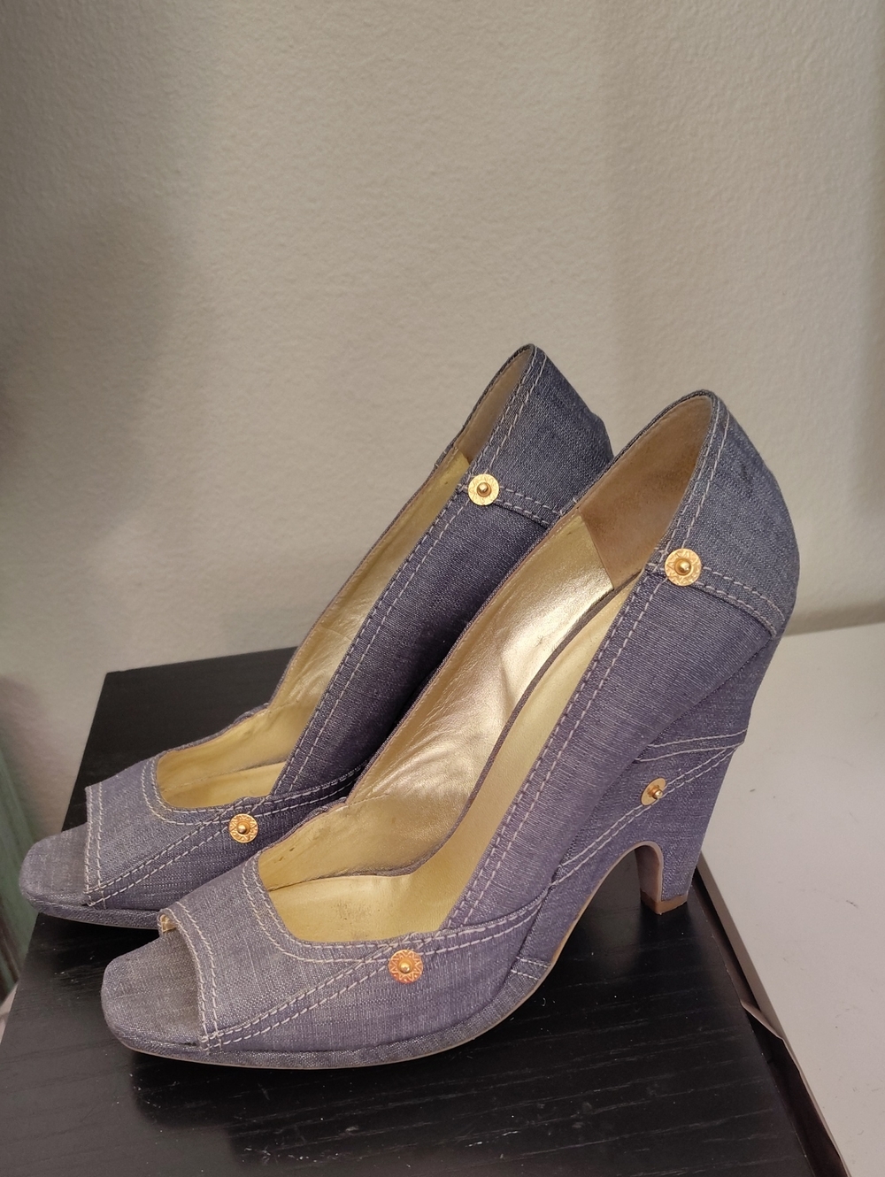 Mui Mui  Light Denim Peep-Toe Mid Heel Wedges with Gold Button Accents Size 39/9
